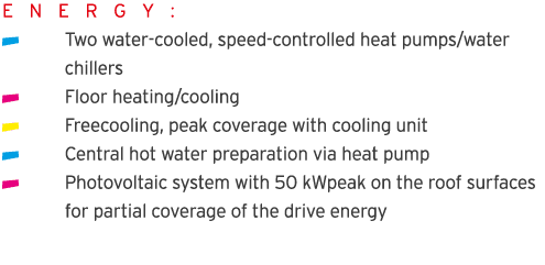 E N E R G Y :   Two water-cooled, speed-controlled heat pumps water  chillers  Floor heating cooling  Freecooling, pe   