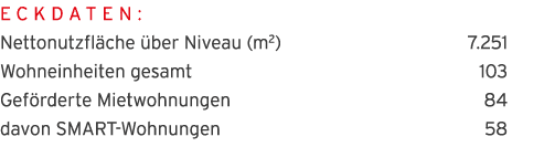 Eckdaten:  Nettonutzfl che  ber Niveau (m2) 7 251 Wohneinheiten gesamt 103 Gef rderte Mietwohnungen 84 davon SMART-Wo   