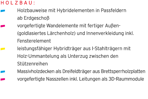 Holzbau:    Holzbauweise mit Hybridelementen in Passfeldern  ab Erdgescho   vorgefertigte Wandelemente mit fertiger A   