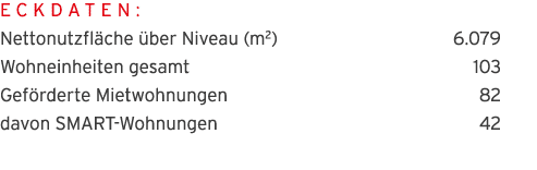 Eckdaten:  Nettonutzfl che  ber Niveau (m2) 6 079 Wohneinheiten gesamt 103 Gef rderte Mietwohnungen 82 davon SMART-Wo   
