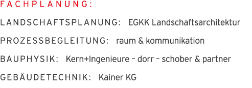 Fachplanung: Landschaftsplanung: EGKK Landschaftsarchitektur Prozessbegleitung: raum & kommunikation Bauphysik: Kern+   