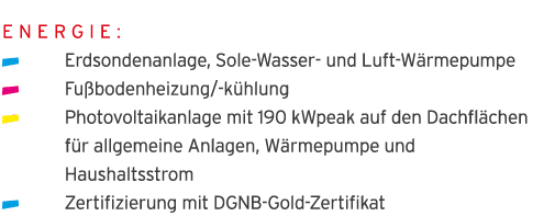 Energie:    Erdsondenanlage, Sole-Wasser- und Luft-W rmepumpe  Fu bodenheizung -k hlung  Photovoltaikanlage mit 190 k   