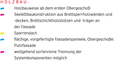 Holzbau:    Holzbauweise ab dem ersten Obergescho   Skelettbaukonstruktion aus Brettsperrholzw nden und  -decken, Bre   