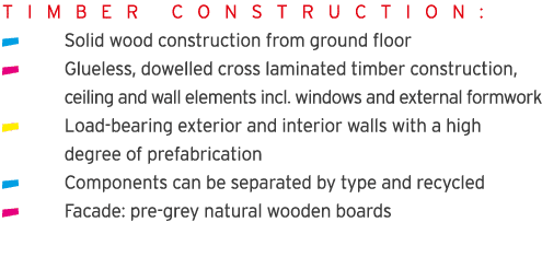 T I M B E R  C O N S T R U C T I O N :  Solid wood construction from ground floor  Glueless, dowelled cross laminated   