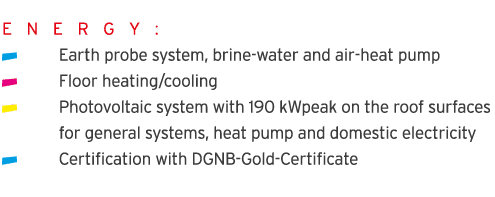 E N E R G Y :   Earth probe system, brine-water and air-heat pump  Floor heating cooling  Photovoltaic system with 19   